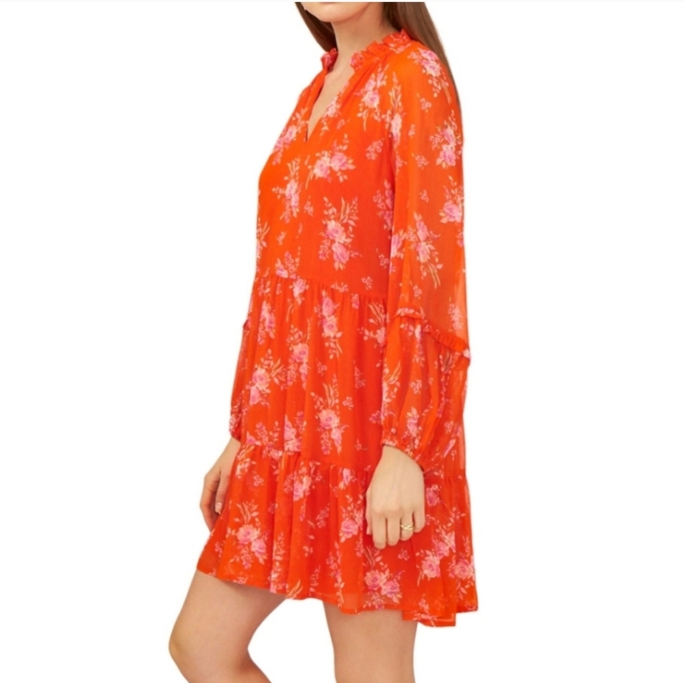 VINCE CAMUTO Orange Floral Georgette Longsleeve Lined Dress XXL Summer Casual - Picture 3 of 9